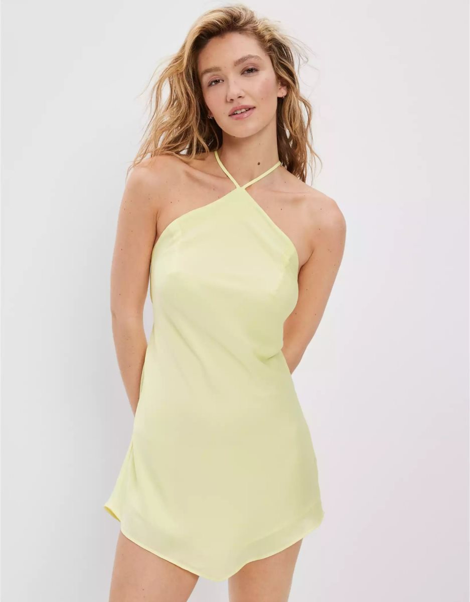 Mini Robe American Eagle AE Silky Halter Jaune Femme | IGU-05162607